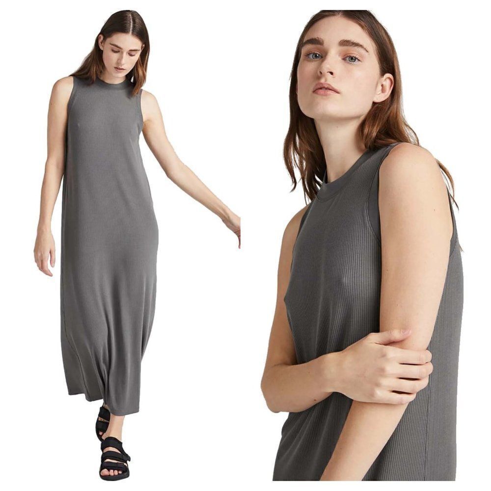 Richer Poorer Ribbed Column Maxi Dress Dark Gray Size XS High Neck Sleeveless